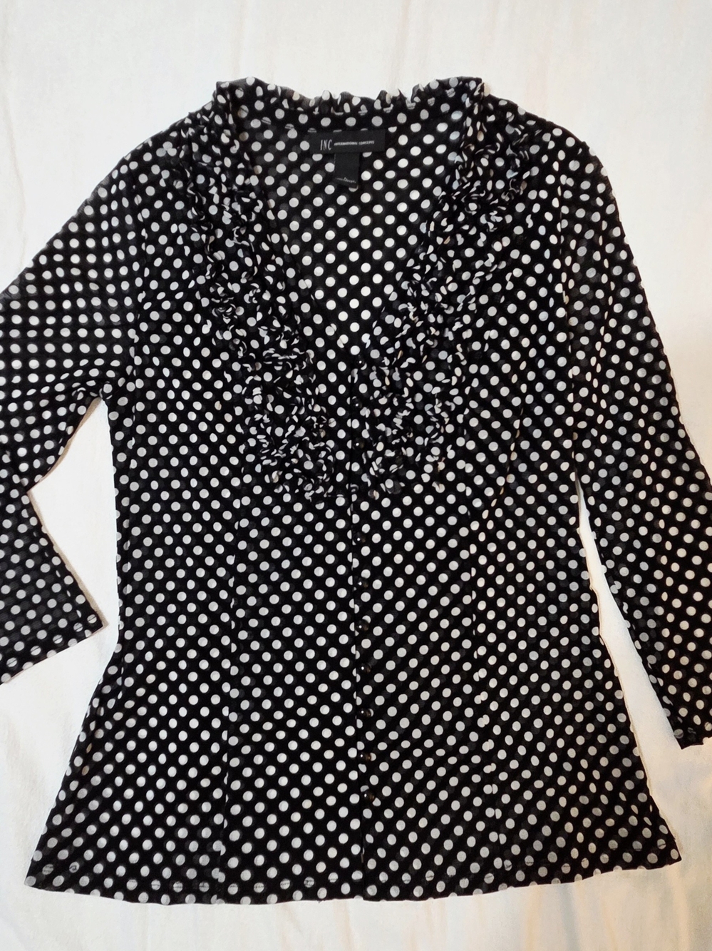 INC International Concepts Black and White Polka Dot Ruffle V-Neck Blouse